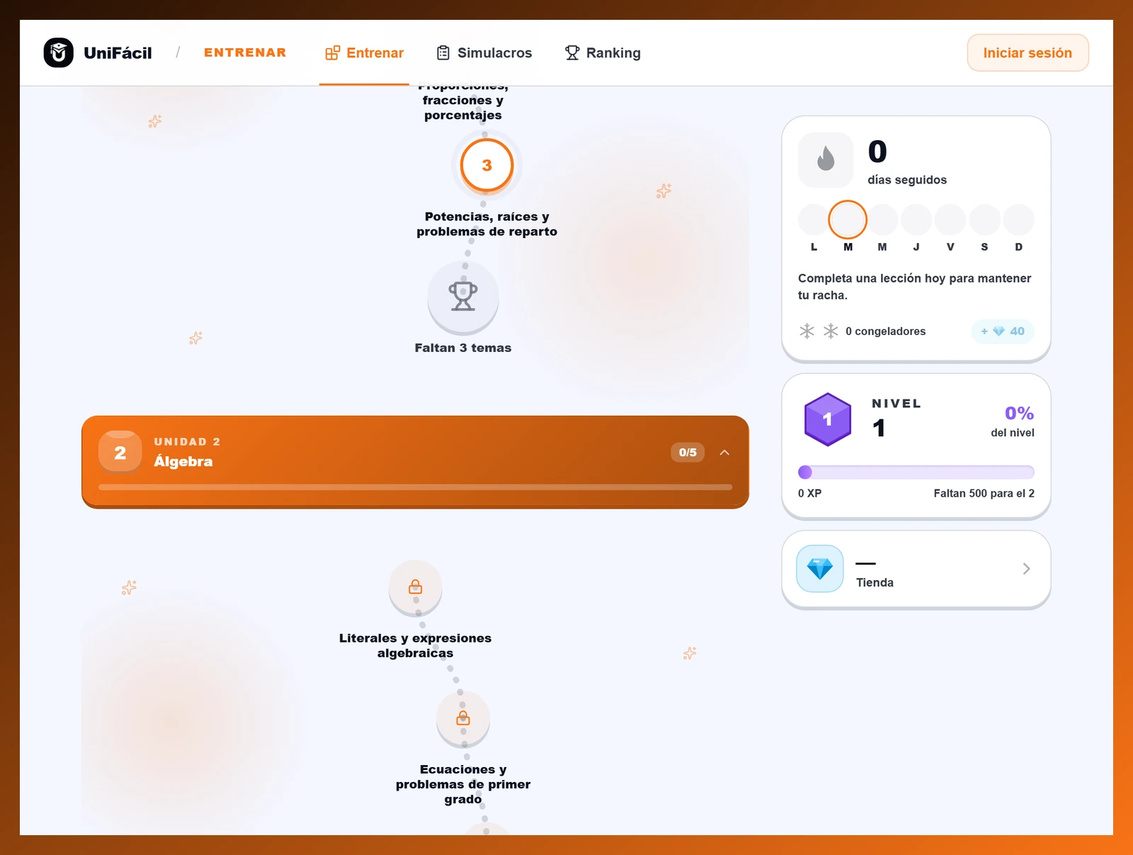 Ruta de Matemáticas de ECOEMS, con una lección gratuita disponible y las siguientes lecciones con candados de Premium.