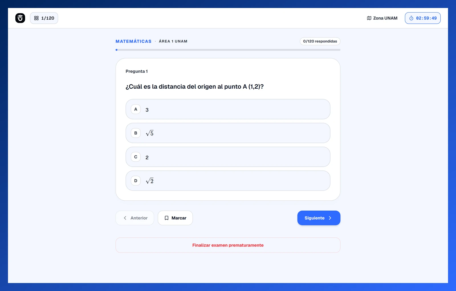 Pregunta de Matemáticas del simulacro UNAM de área 1, con sus opciones, cronómetro y avance.